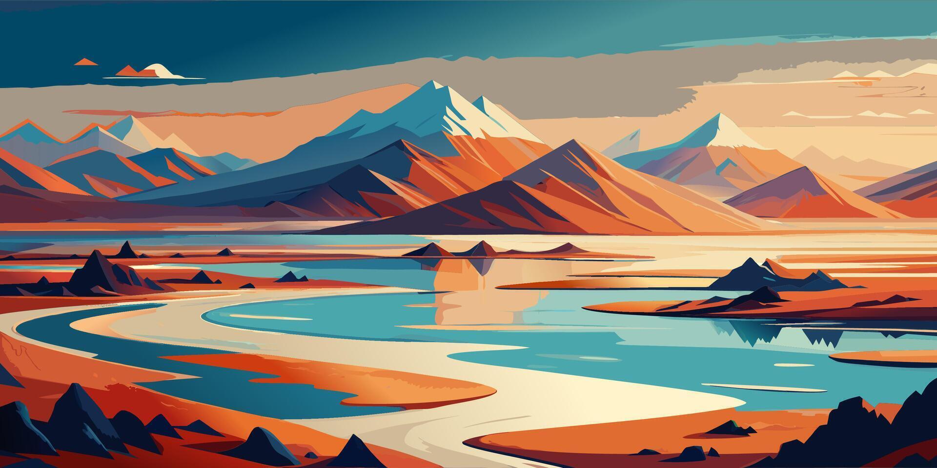 Serene Mountain Landscape with Winding River and Reflective Lake vector