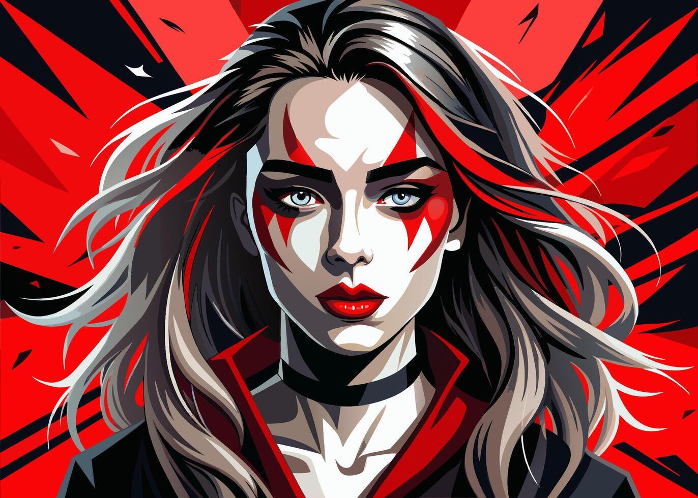 Mystical female warrior with bold face paint and flowing dark hair vector