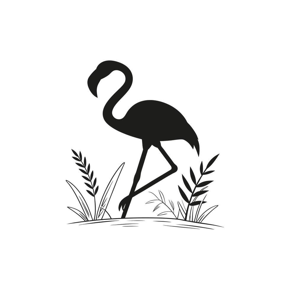 Silhouette of a Flamingo Standing in Water with Plants vector