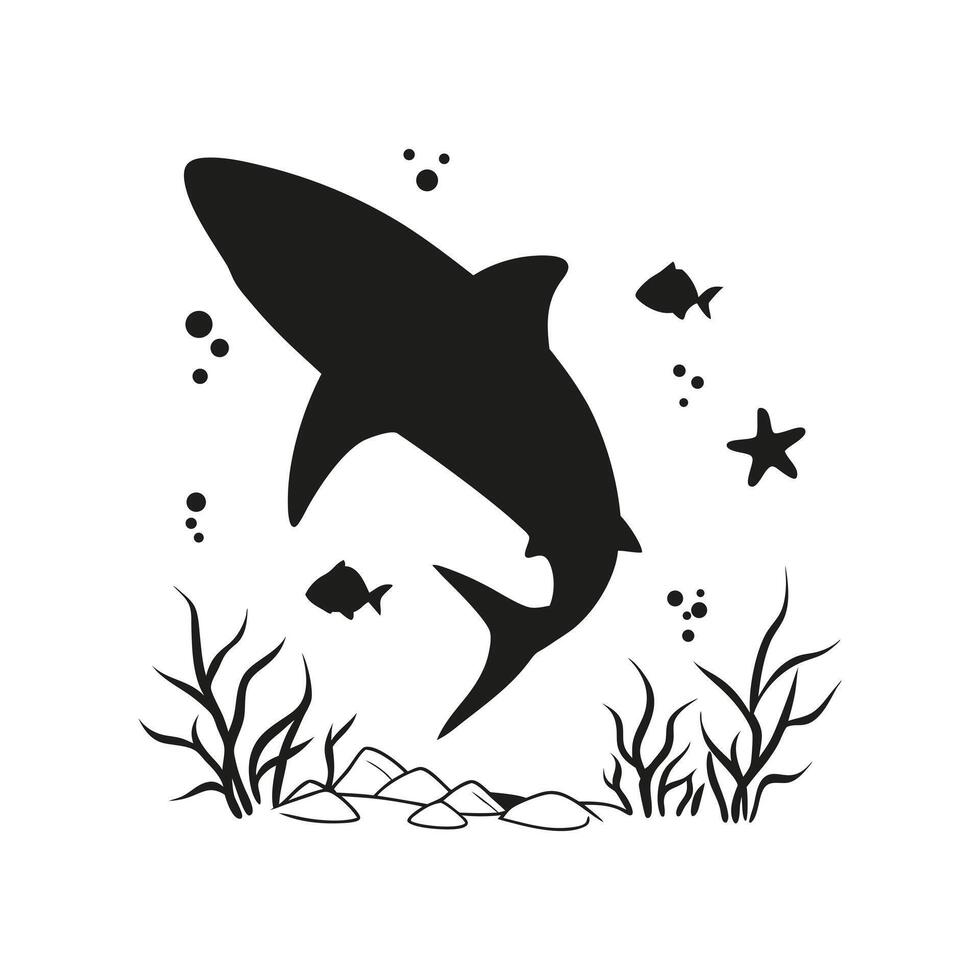 Silhouette of Shark Swimming Underwater with Fish, Seaweed, and Starfish - Marine Life Illustration vector