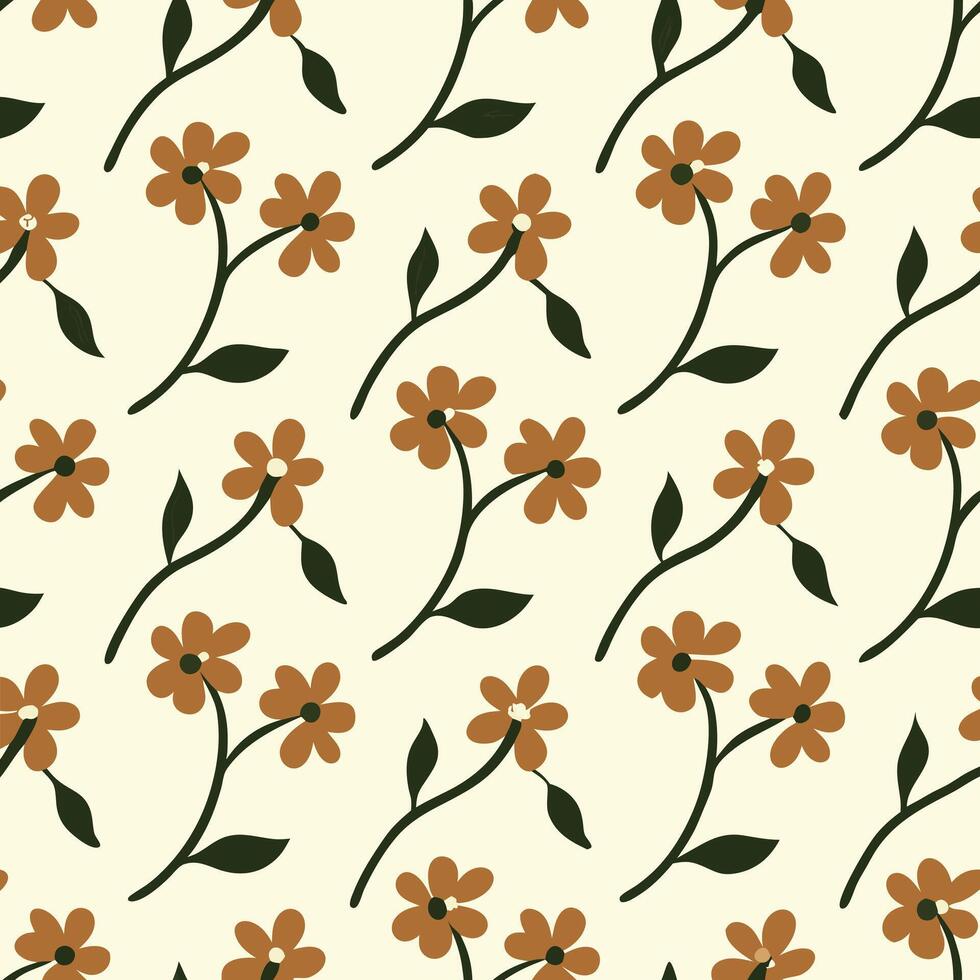 Minimalist Orange Flower Pattern with Blue Stems in Seamless Style vector