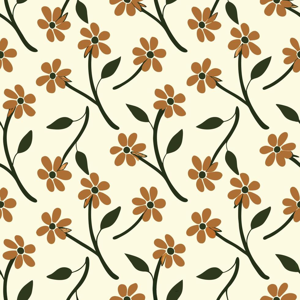 Colorful Orange Flowers with Blue Stems in a Repeating Pattern vector