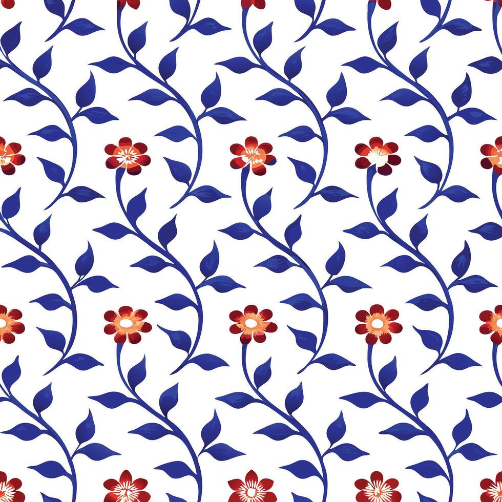Vibrant Orange Floral Pattern with Blue Stems in Seamless Design vector