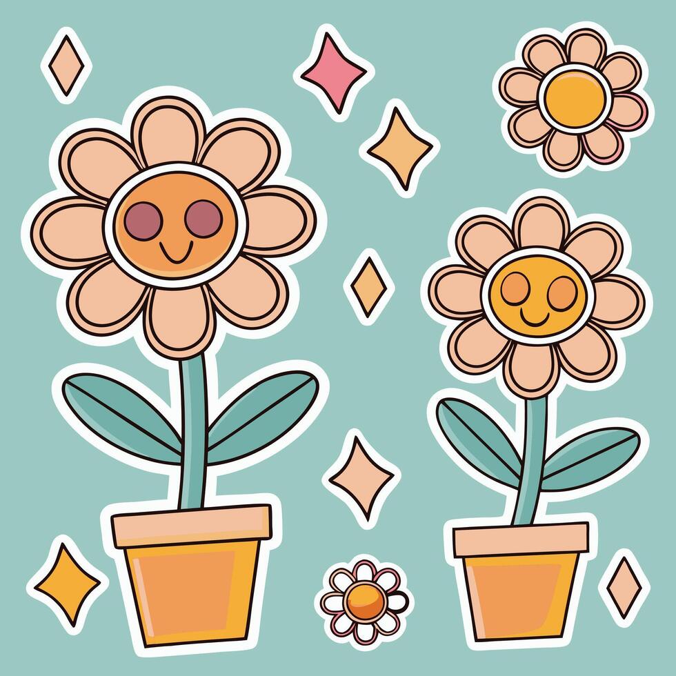 Cartoon Flowers with Bright Pink and Yellow Petals vector