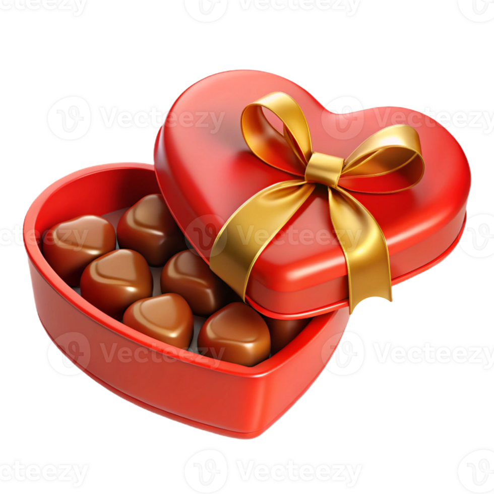 Heart-shaped red box filled with chocolates, adorned with a gold ribbon, placed on a transparent background, symbolizing love png
