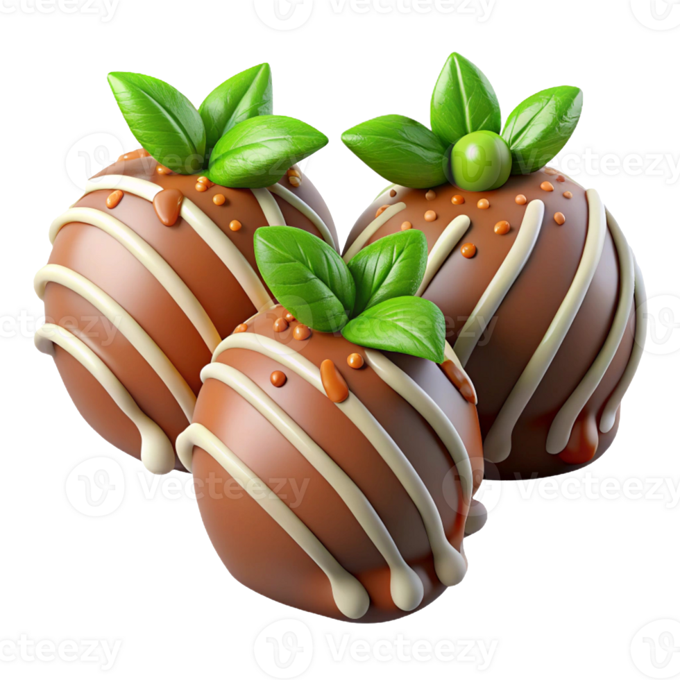 Three chocolate truffles with white drizzle and decorative green leaves on a transparent background, concept of desserts png