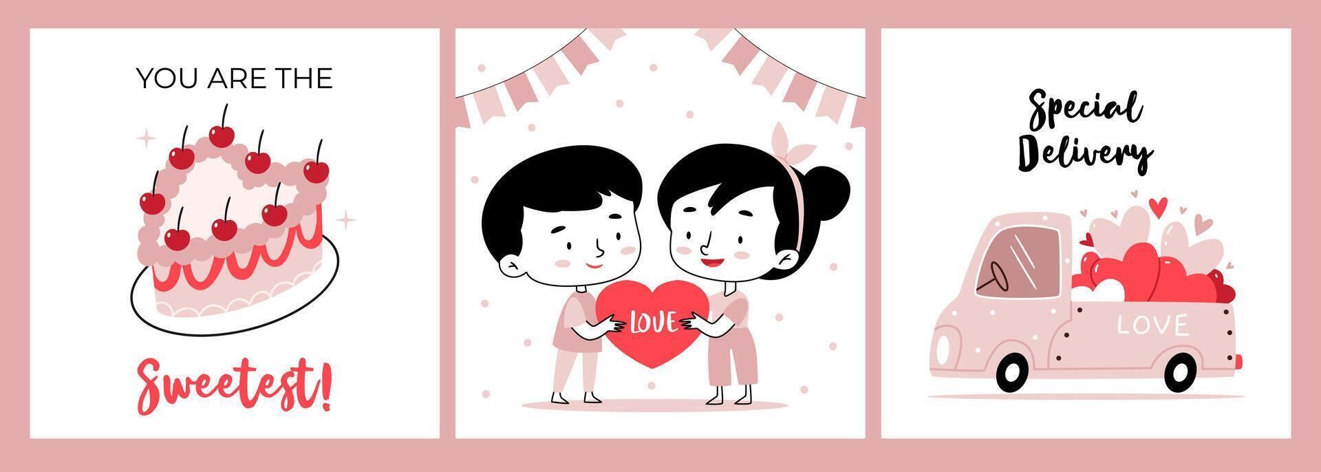 Set of three Valentine's Day card or poster. Cake. You are the sweetest. Couple in love in linear style. Track with hearts. Special delivery. Black and white colors. Pink pastel vector