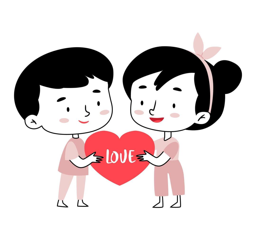 Cute characters boy and girl holding a heart in their hands. Love. Black and white minimalist stylish illustration. Valentine's Day card. vector