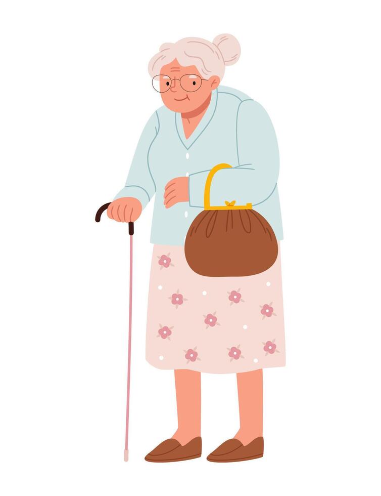 Old grandmother with a stick and a vintage handbag. vector