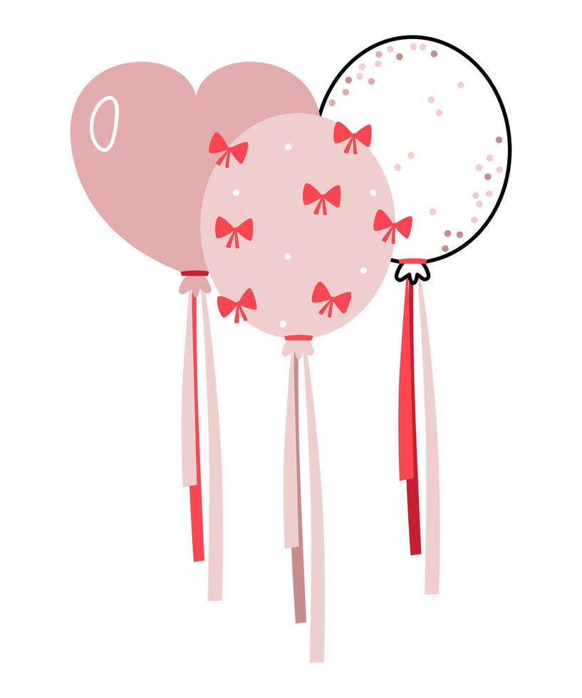 Trendy pale pink balloons for Valentine's Day. Heart-shaped balloon, transparent balloon. Balloon with bows. vector