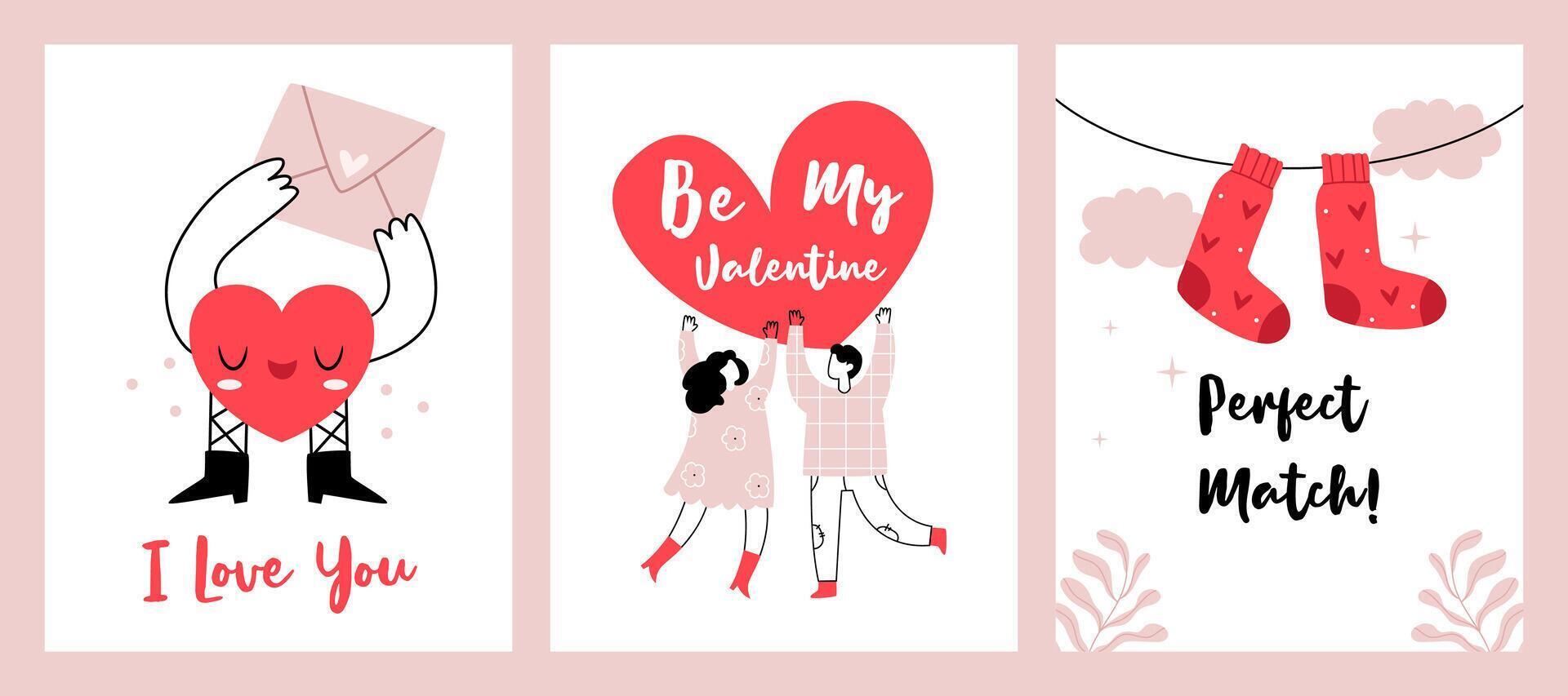 Set of three Valentine's Day card or poster. Heart character, couple in love holding heart in hands. Perfect pair of heart socks. vector
