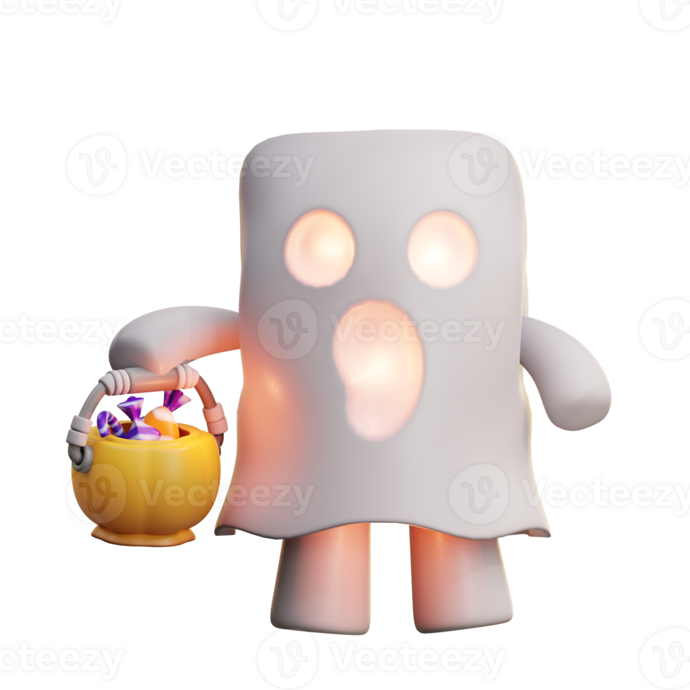 3d illustration friendly ghost carries Halloween candy in a pumpkin pail png