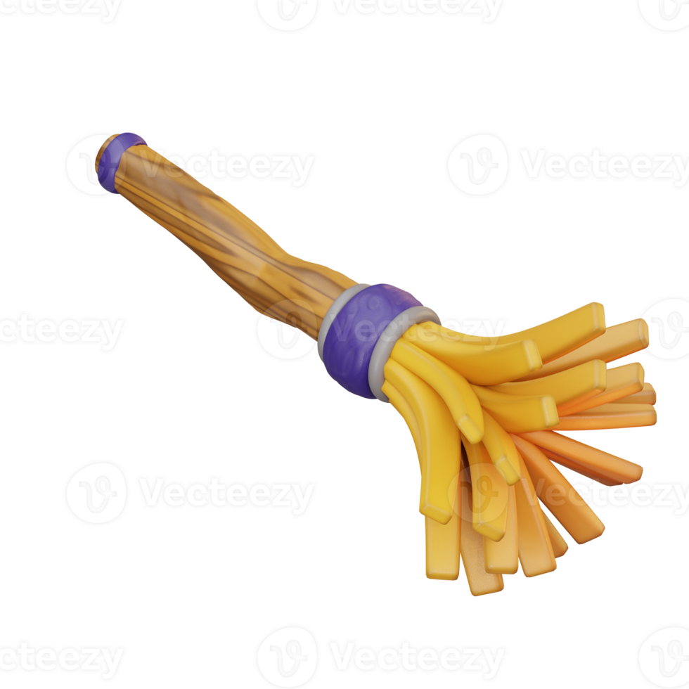 3d illustration wooden handled broom has yellow bristles and purple binding png