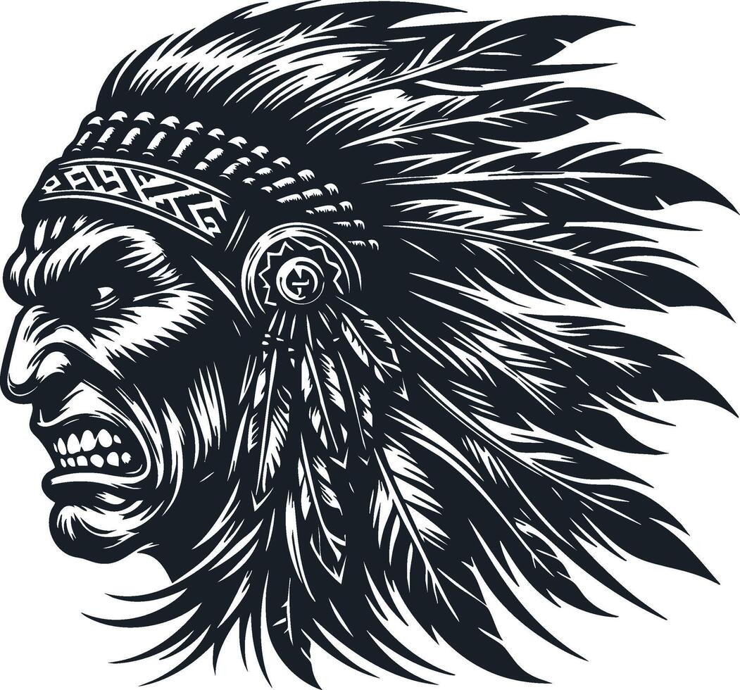 Ferocious Native American Warrior Head with Angry Expression vector