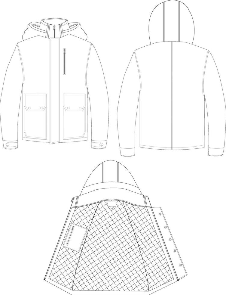 This technical drawing presents a detailed illustration of a men's outdoor jacket with a robust and stylish design. Precise lines depict construction features and standout design elements vector