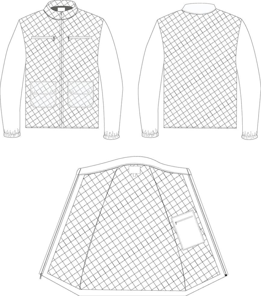This technical drawing presents a detailed illustration of a men's motorcycle jacket with a robust and stylish design. Precise lines depict construction features and standout design elements vector