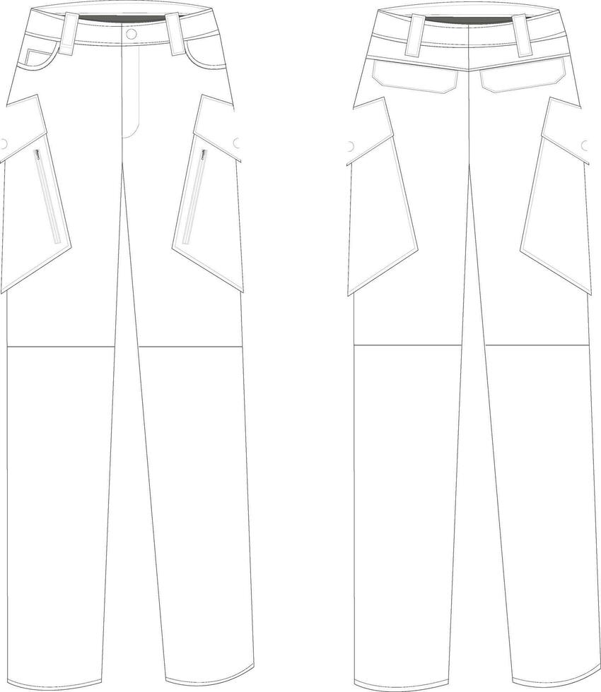 This technical drawing presents a detailed illustration of men's motorcycle cargo pants with a robust and stylish design. Precise lines depict construction features and standout design elements vector