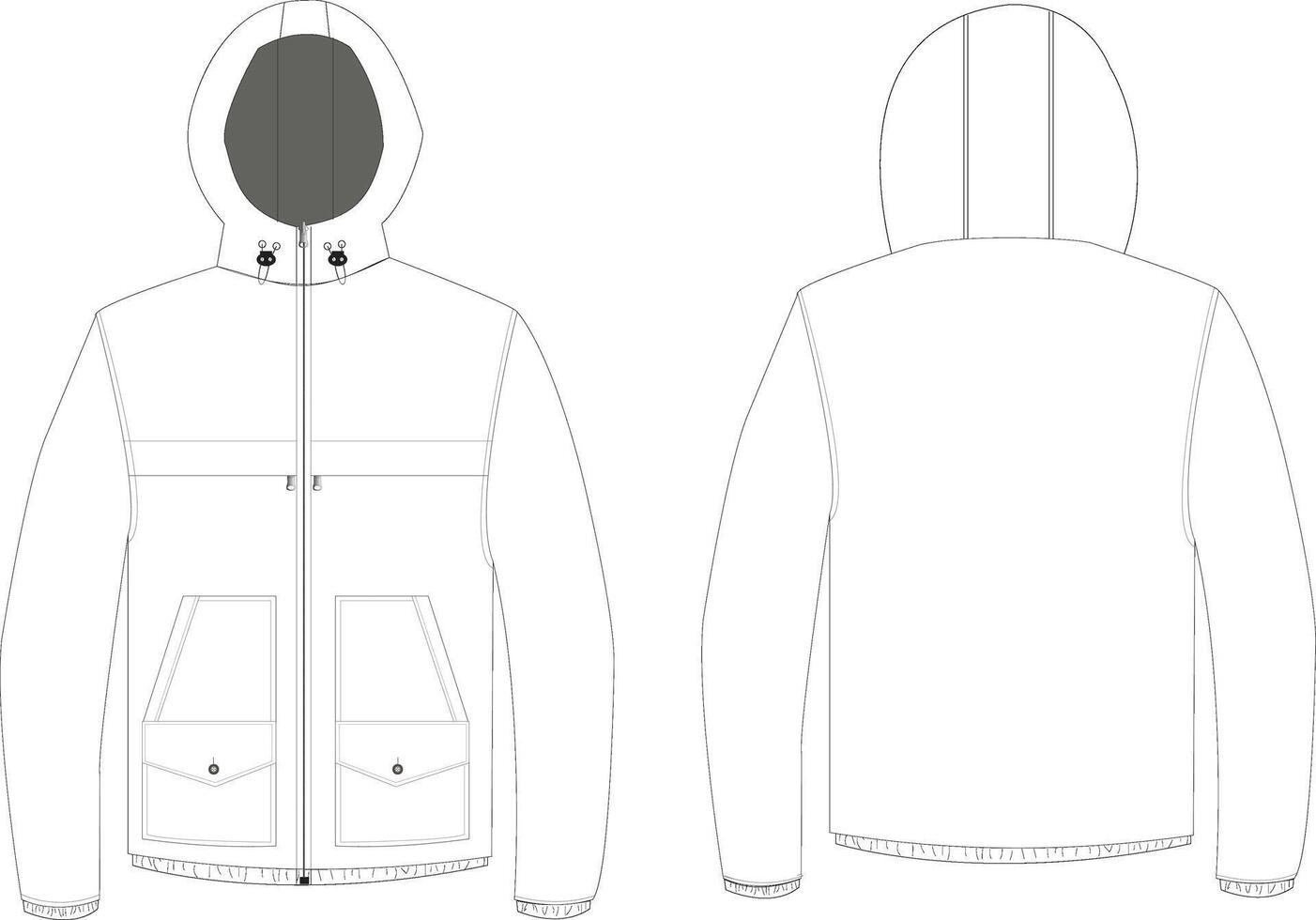 This technical drawing presents a detailed illustration of a men's outdoor jacket with a hoodie and stylish design. Precise lines depict construction features and standout design elements vector