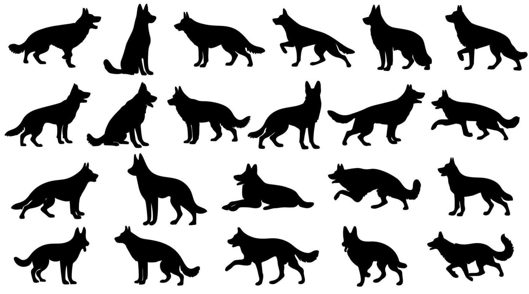 Set of dogs silhouette in different poses. Large set of german shepherd dogs. Hand drawn black dogs isolated on white background. vector