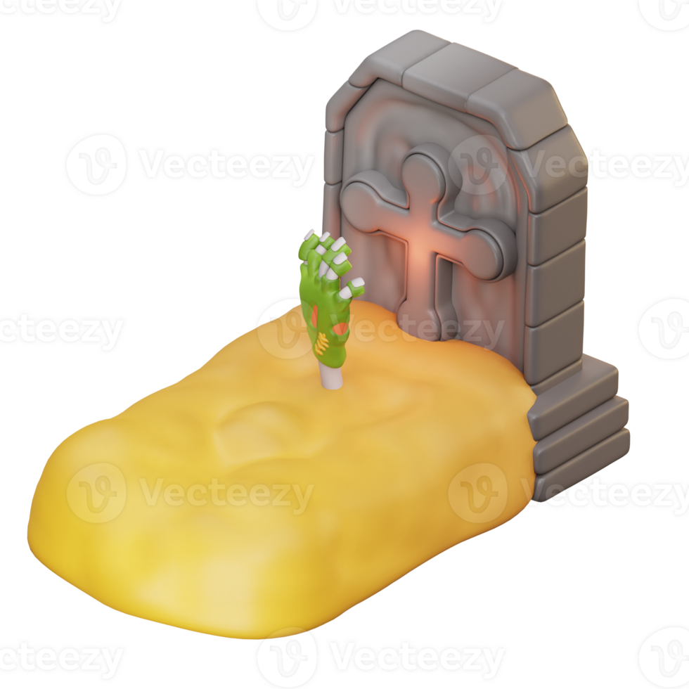 3d illustration Zombie hand rising from grave soil near a headstone png