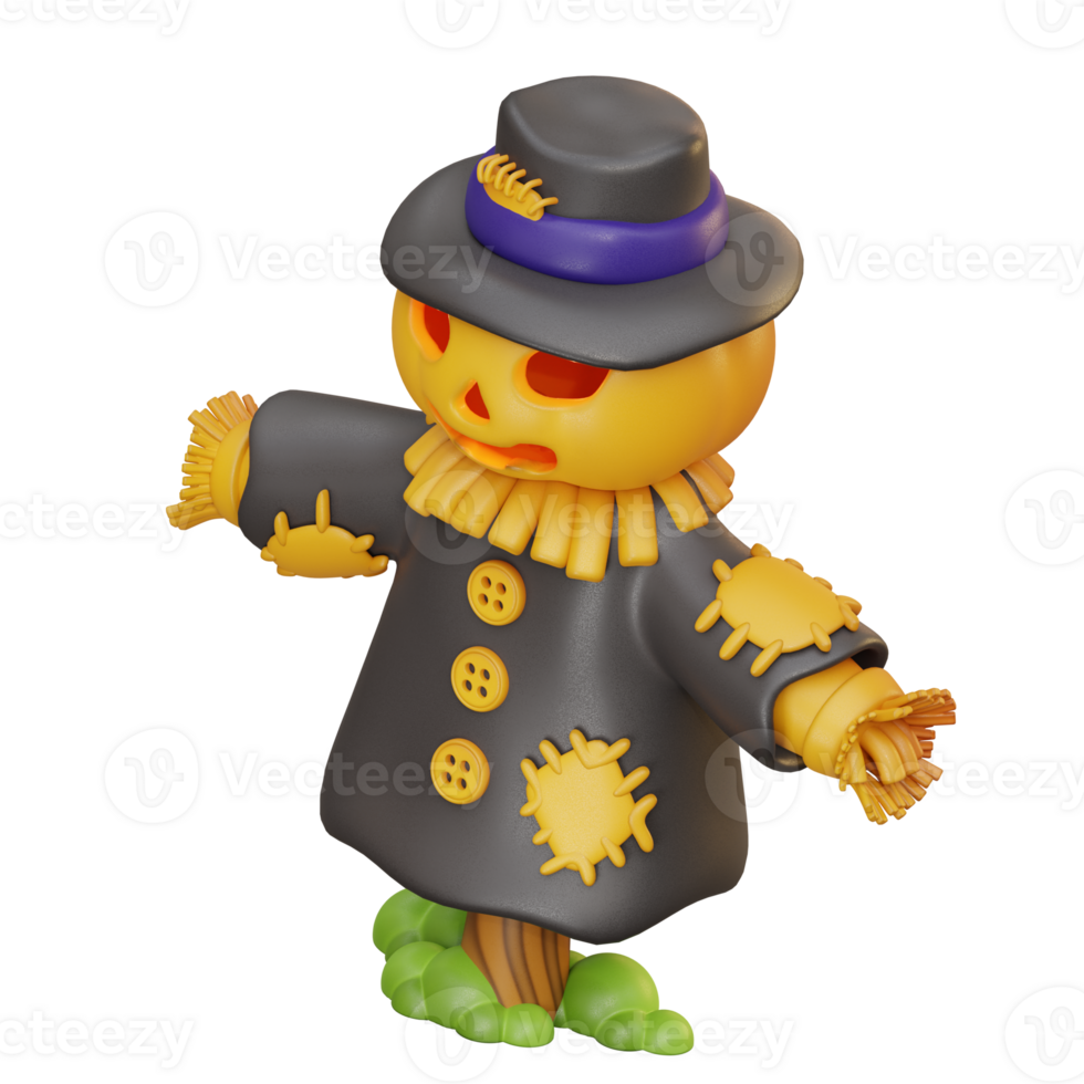 3d illustration jackolantern scarecrow wears a hat and stands on a post png