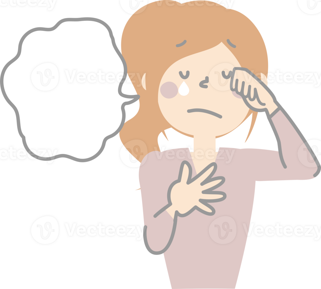 cute doodle hand draw facial expression speech bubble balloon with sad crying girl woman character, text box think speak talk banner png