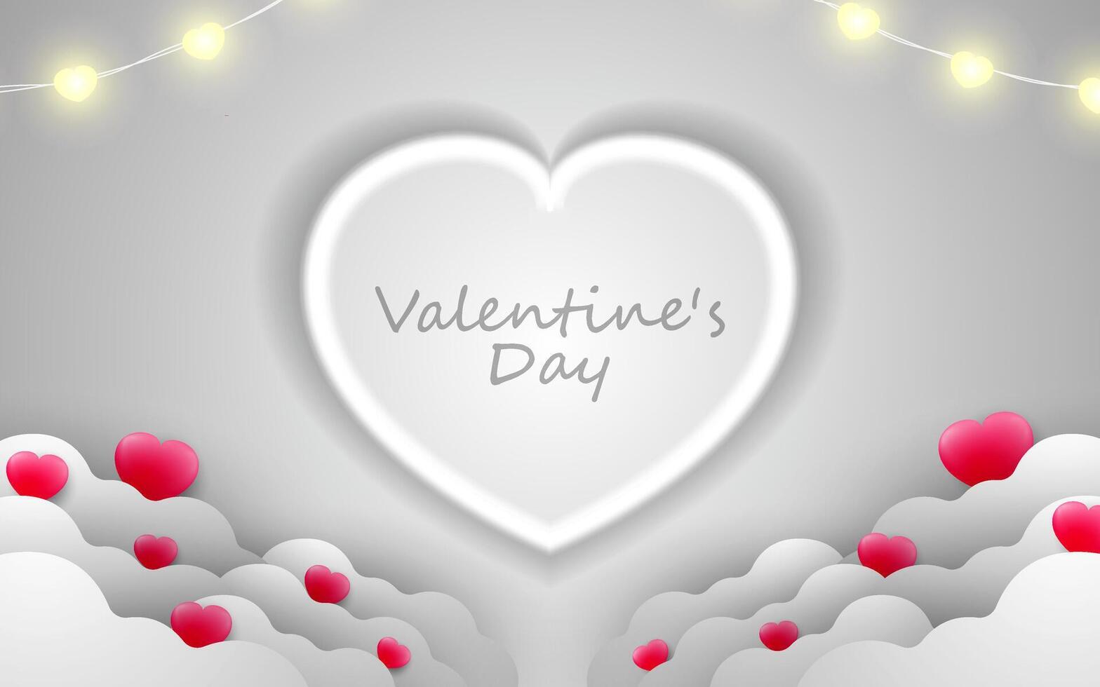Horizontal banner with paper cut sky and clouds. Place for text. Happy Valentine's Day sale header or voucher template with hearts. vector