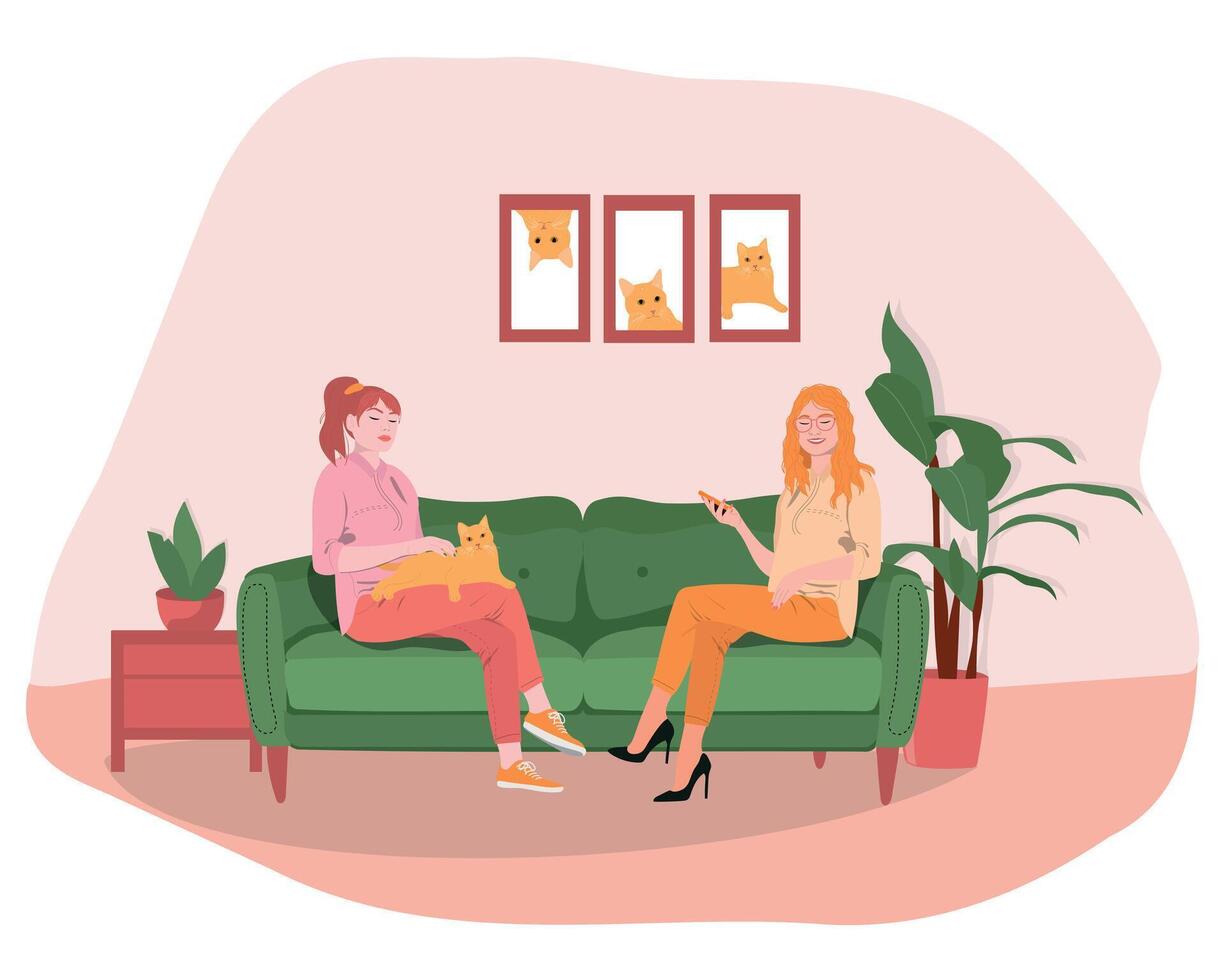 Two young women are sitting on the couch with cat vector