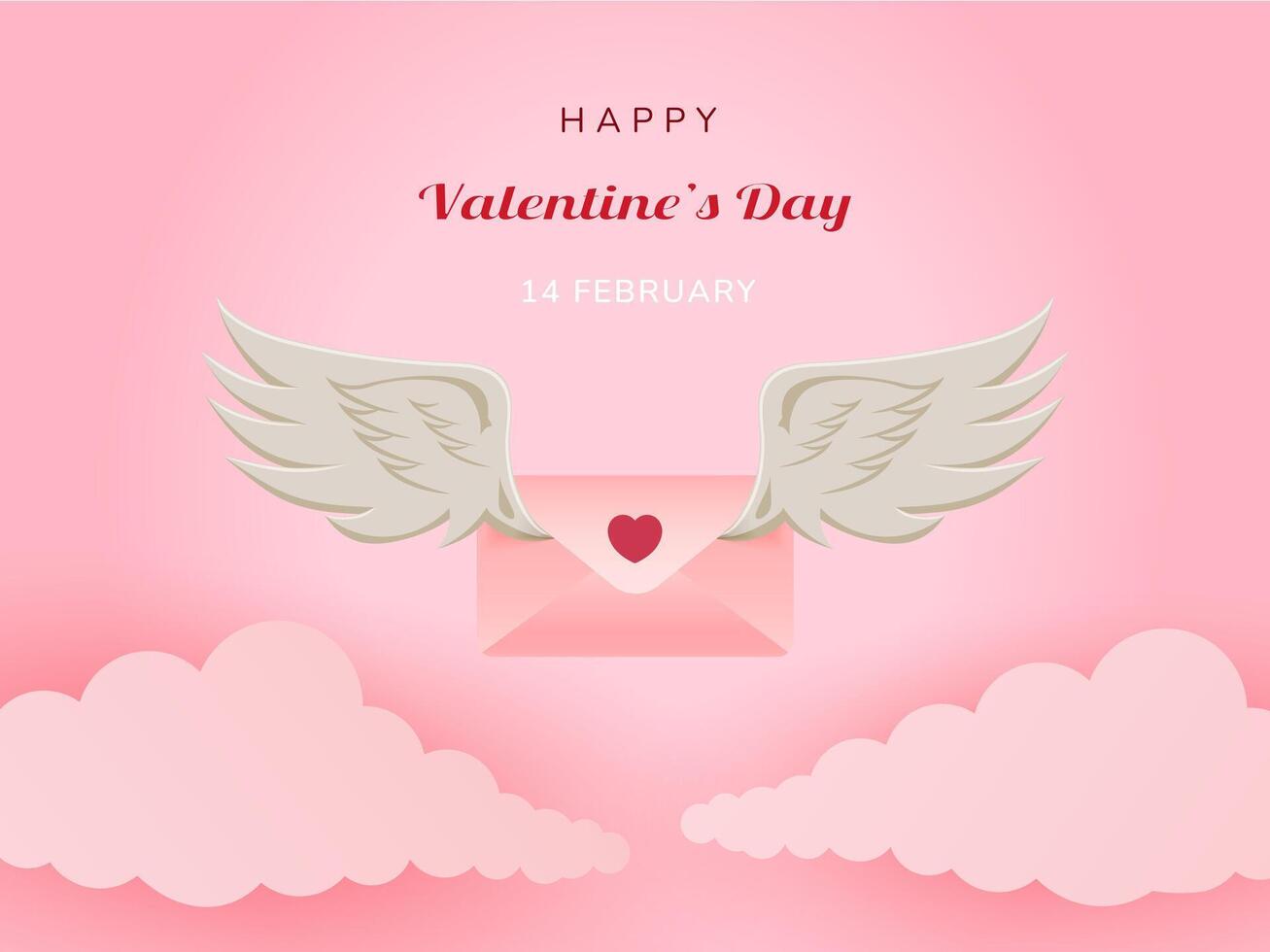 Happy Valentine's day. Pink paper envelope with angel wings and red heart. Realistic 3d design congratulations mail, falling envelope. Holiday background. Letters Be my Valentine. vector