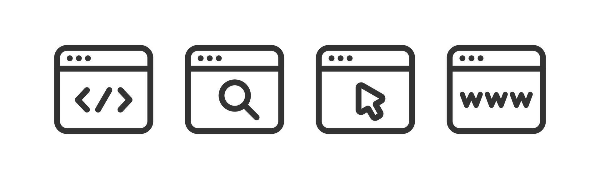 Website icon. Web page click, search, www. Develop ui ux interface. Browser site set. vector