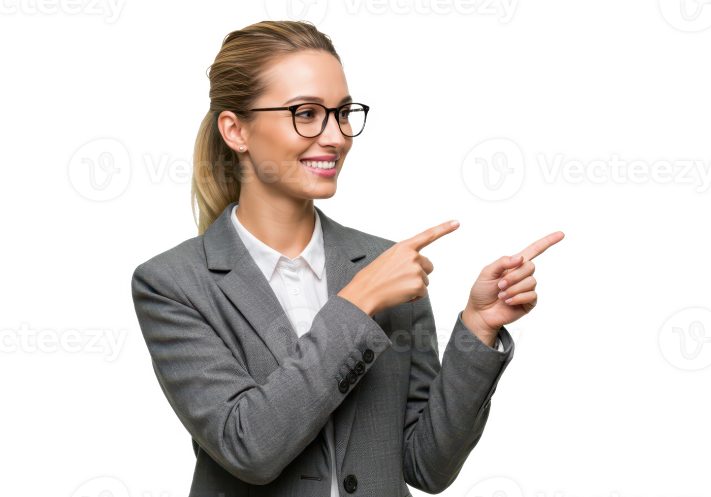 A professional woman with blonde hair glasses and a gray blazer pointing to the side with her index finger while smiling warmly isolated on transparent background png