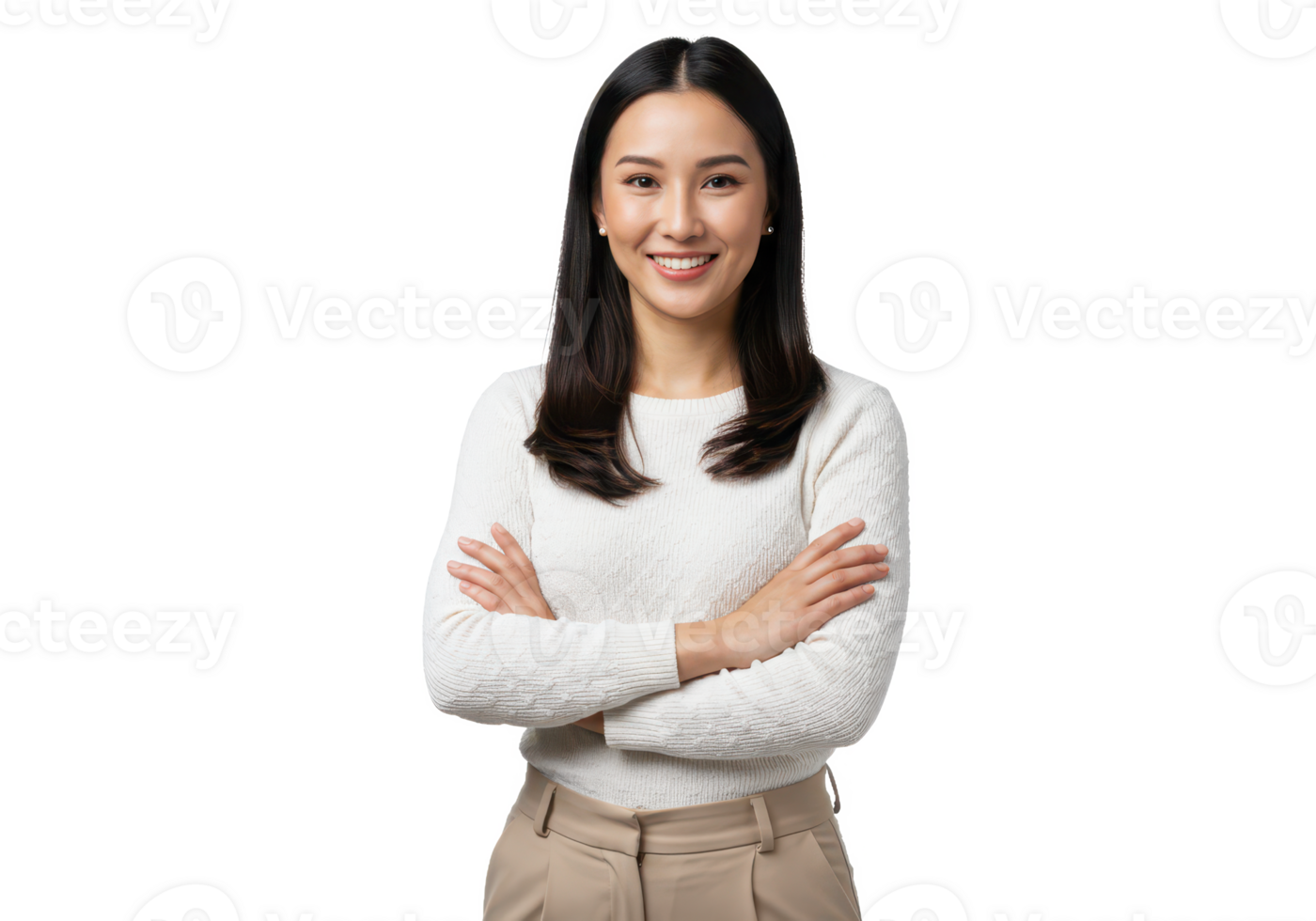 A professional woman with long dark hair, wearing a white textured top and beige trousers, standing with arms crossed isolated on transparent background png