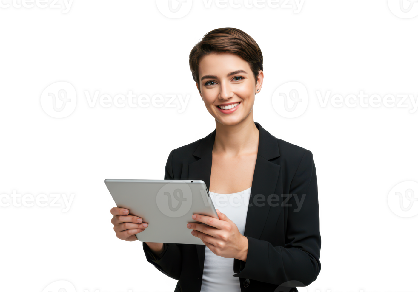 A smiling young woman with short brown hair, wearing a black blazer and white top, holding a tablet isolated on transparent background png