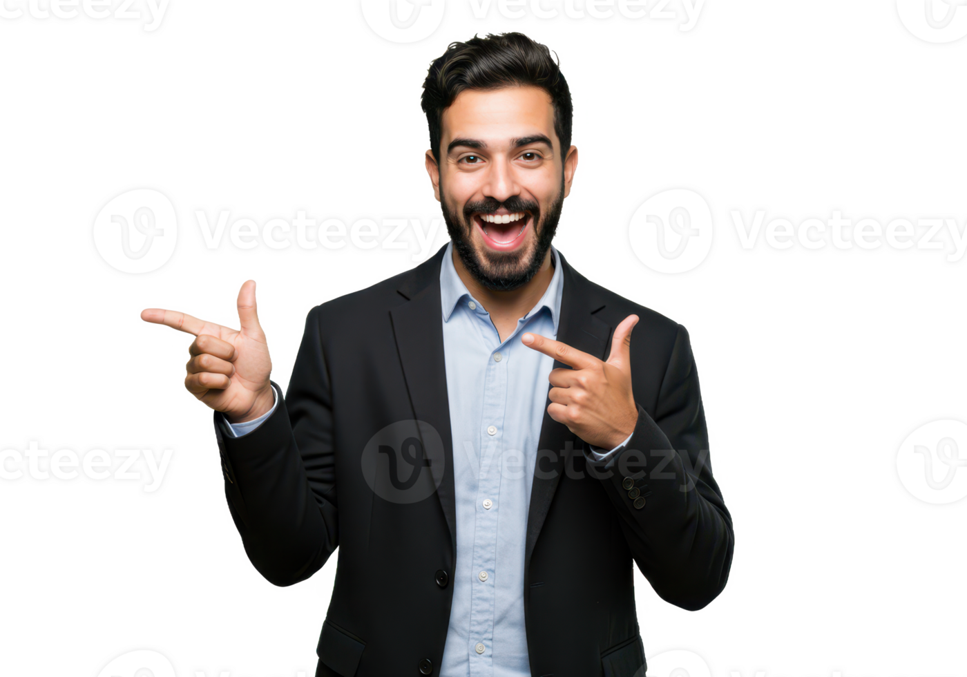 A confident man with dark hair and a beard, wearing a black blazer and a light blue shirt, pointing in two directions with both hands isolated on transparent background png