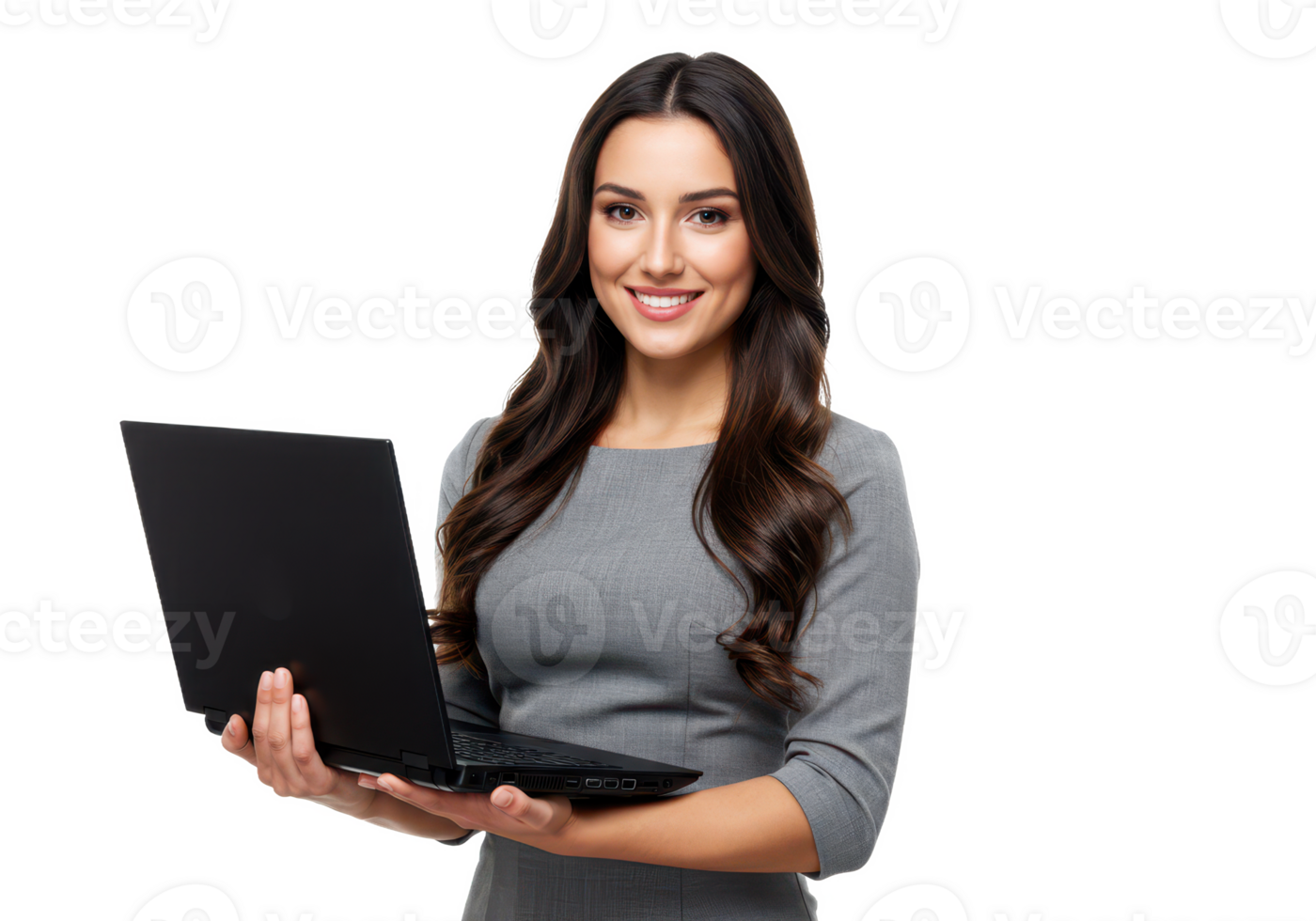 A professional woman with long dark hair, wearing a gray dress, holding a laptop while smiling confidently isolated on transparent background png