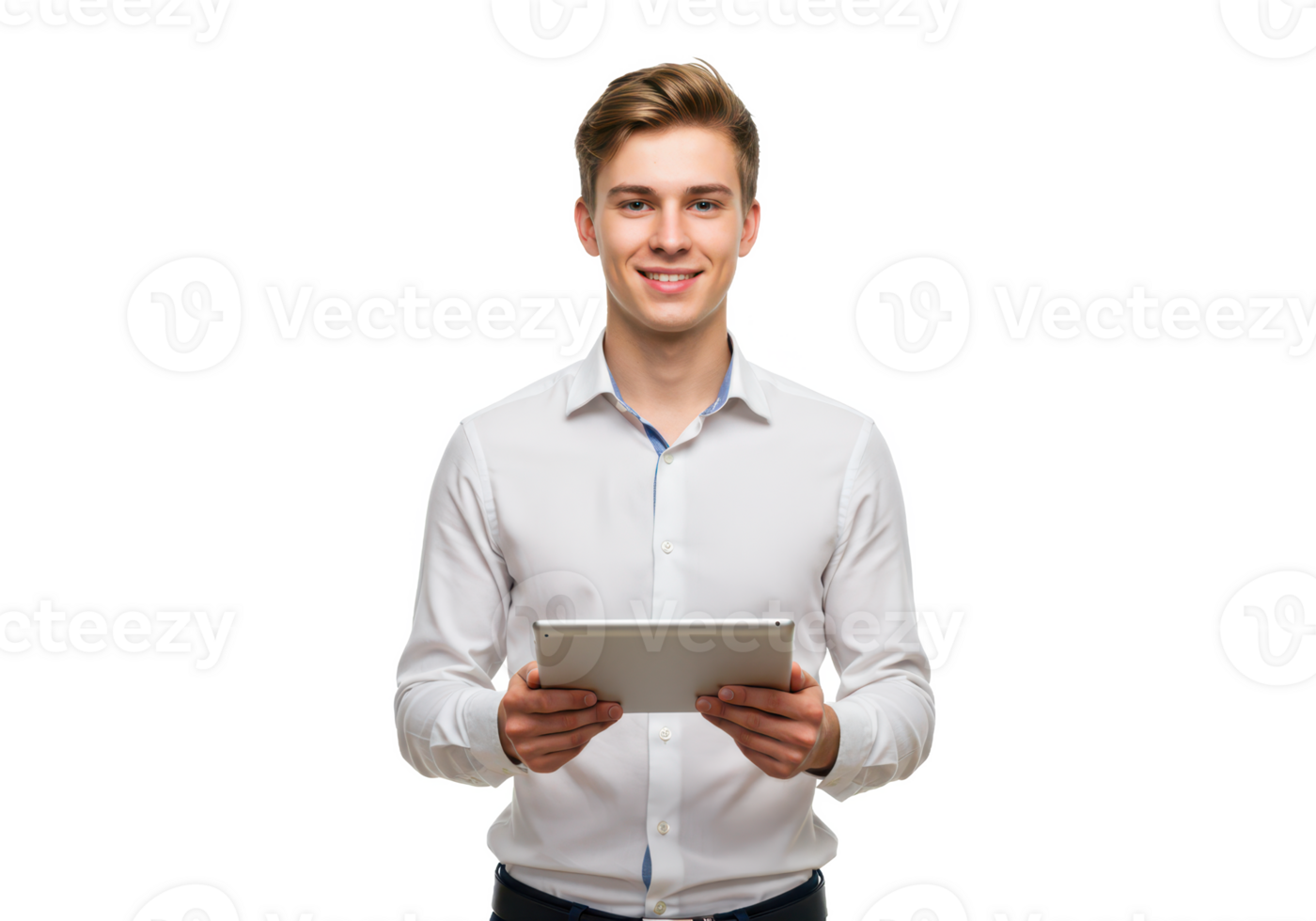 A young man with short light brown hair, wearing a white shirt and dark pants, holding a tablet and smiling confidently isolated on transparent background png