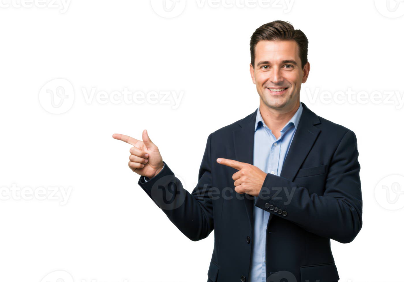 A professional man with neatly combed hair, wearing a dark blue blazer and a light blue shirt, pointing to the side with a confident smile isolated on transparent background png