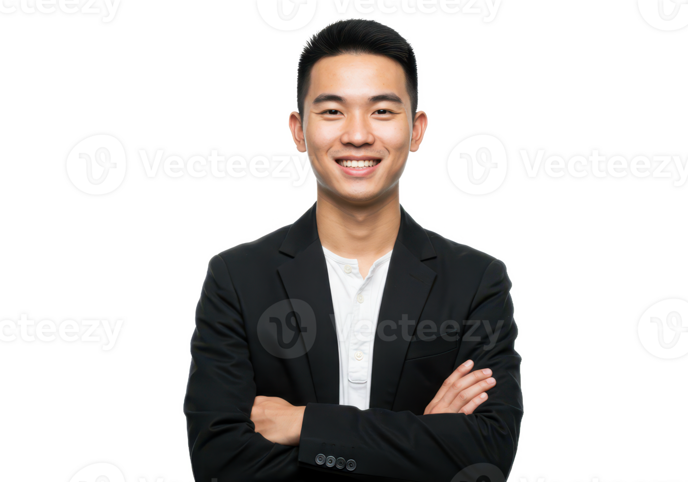 A young man with short black hair, wearing a black blazer and a white shirt, standing with arms crossed and smiling isolated on transparent background png