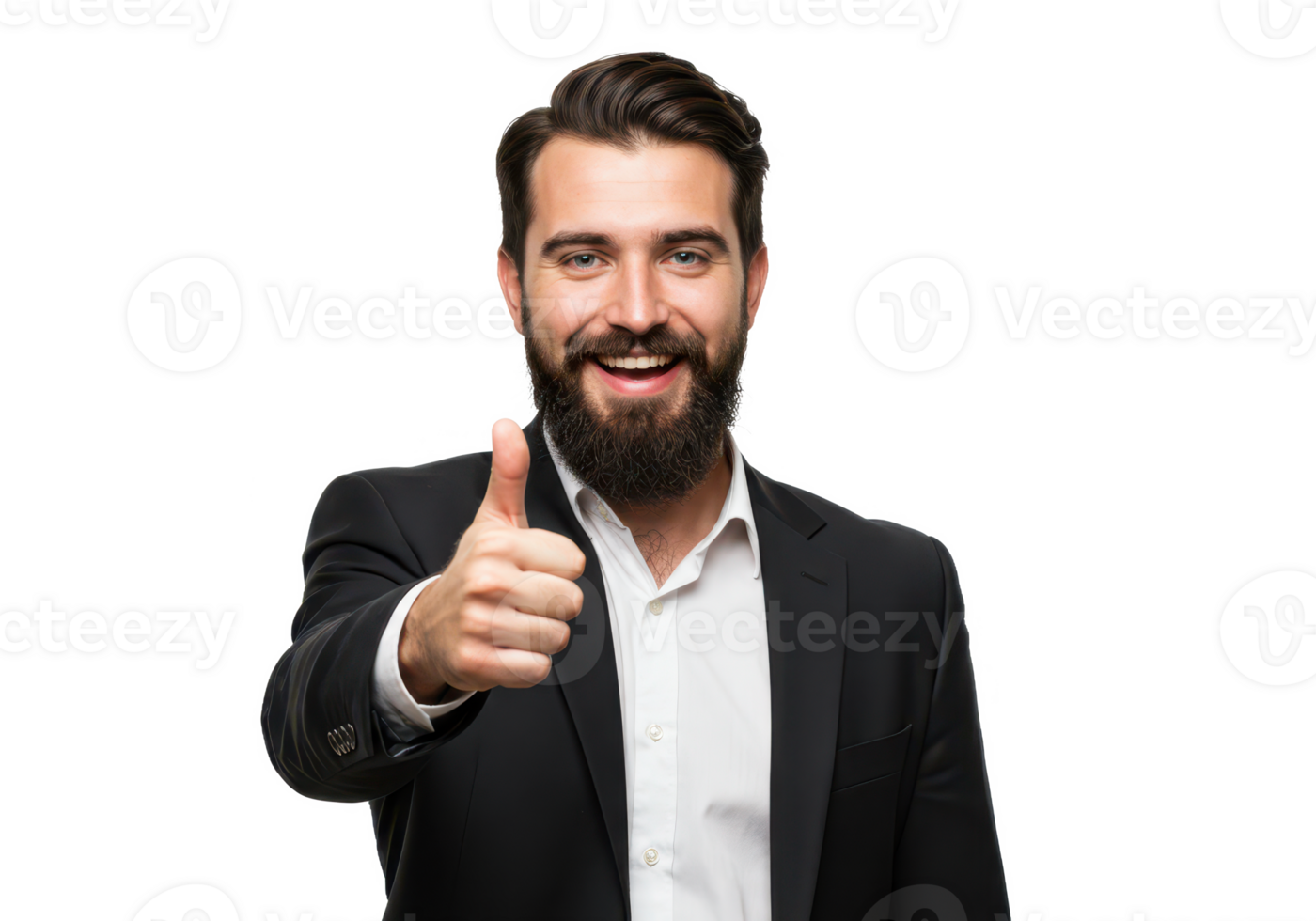 A confident man with a beard, wearing a black suit and white shirt, giving a thumbs-up gesture while smiling isolated on transparent background png