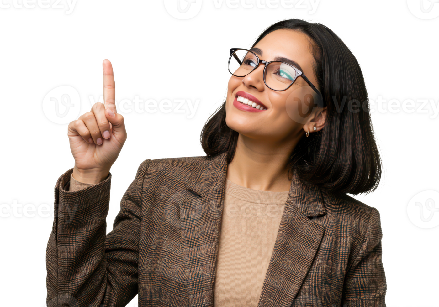 A professional woman with glasses, wearing a brown plaid blazer and a beige shirt, pointing upward with one finger while smiling isolated on transparent background png