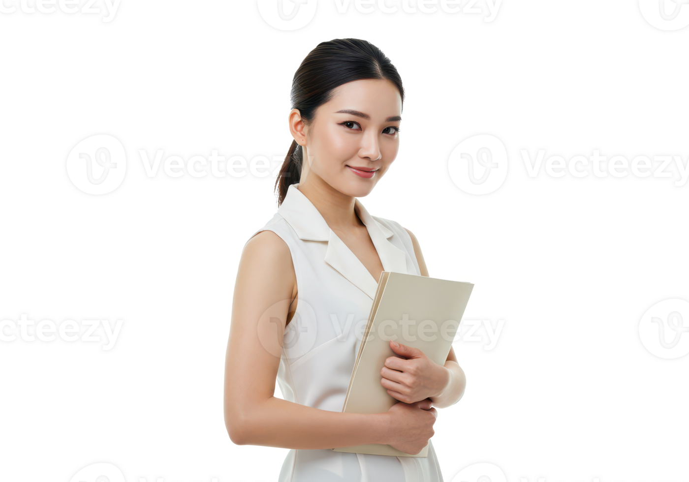 A professional woman with dark hair tied back, wearing a white sleeveless shirt, holding a folder, and smiling softly isolated on transparent background png