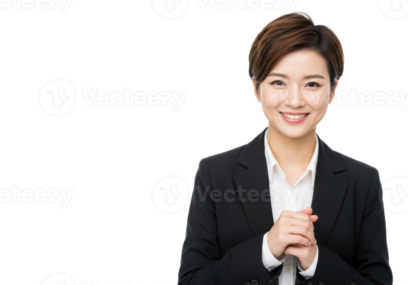 A professional young woman with short brown hair, wearing a black suit and white shirt, hands clasped, smiling isolated on transparent background png