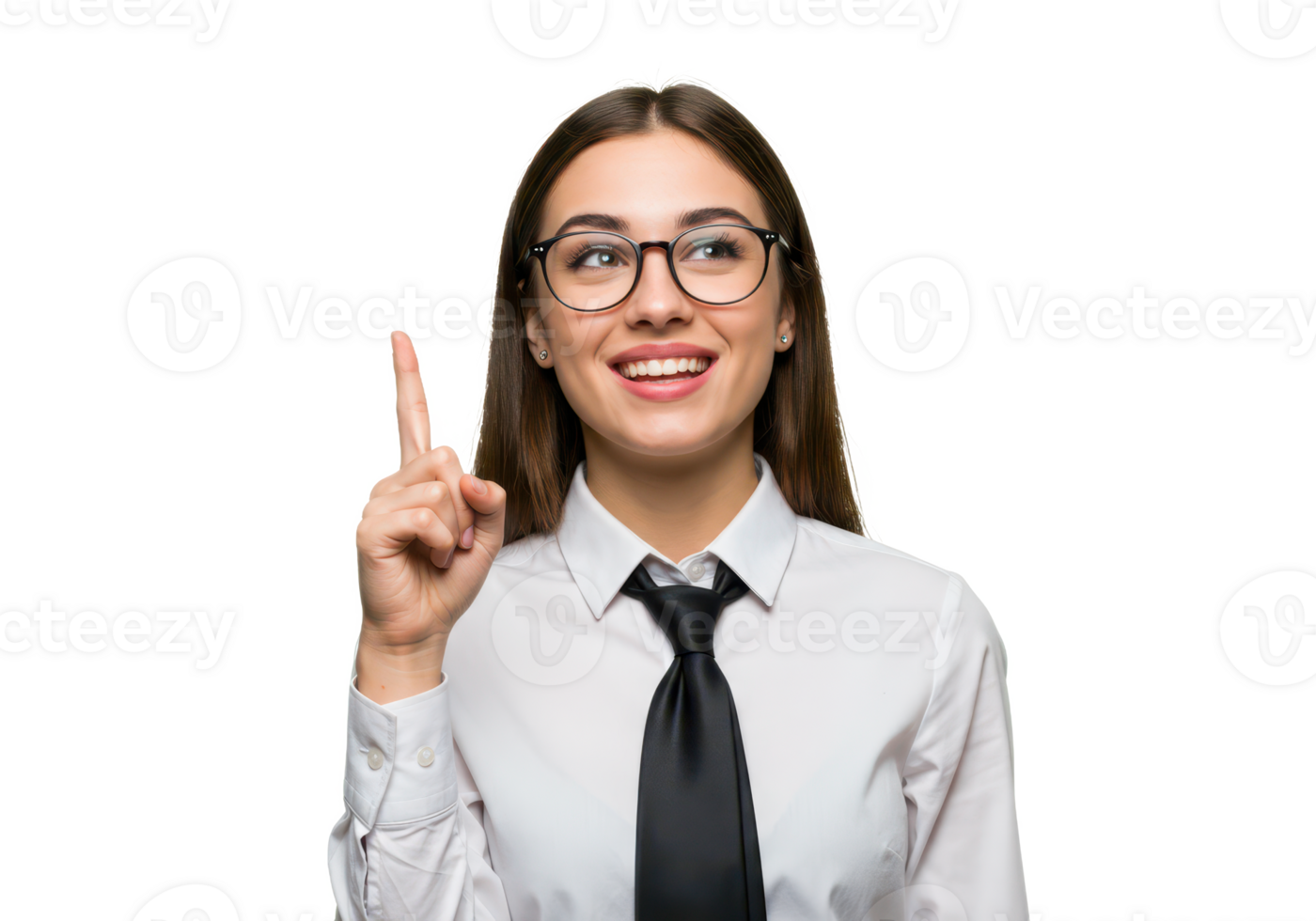 A young woman in glasses, wearing a white shirt and black tie, pointing upwards with one finger, smiling playfully isolated on transparent background png