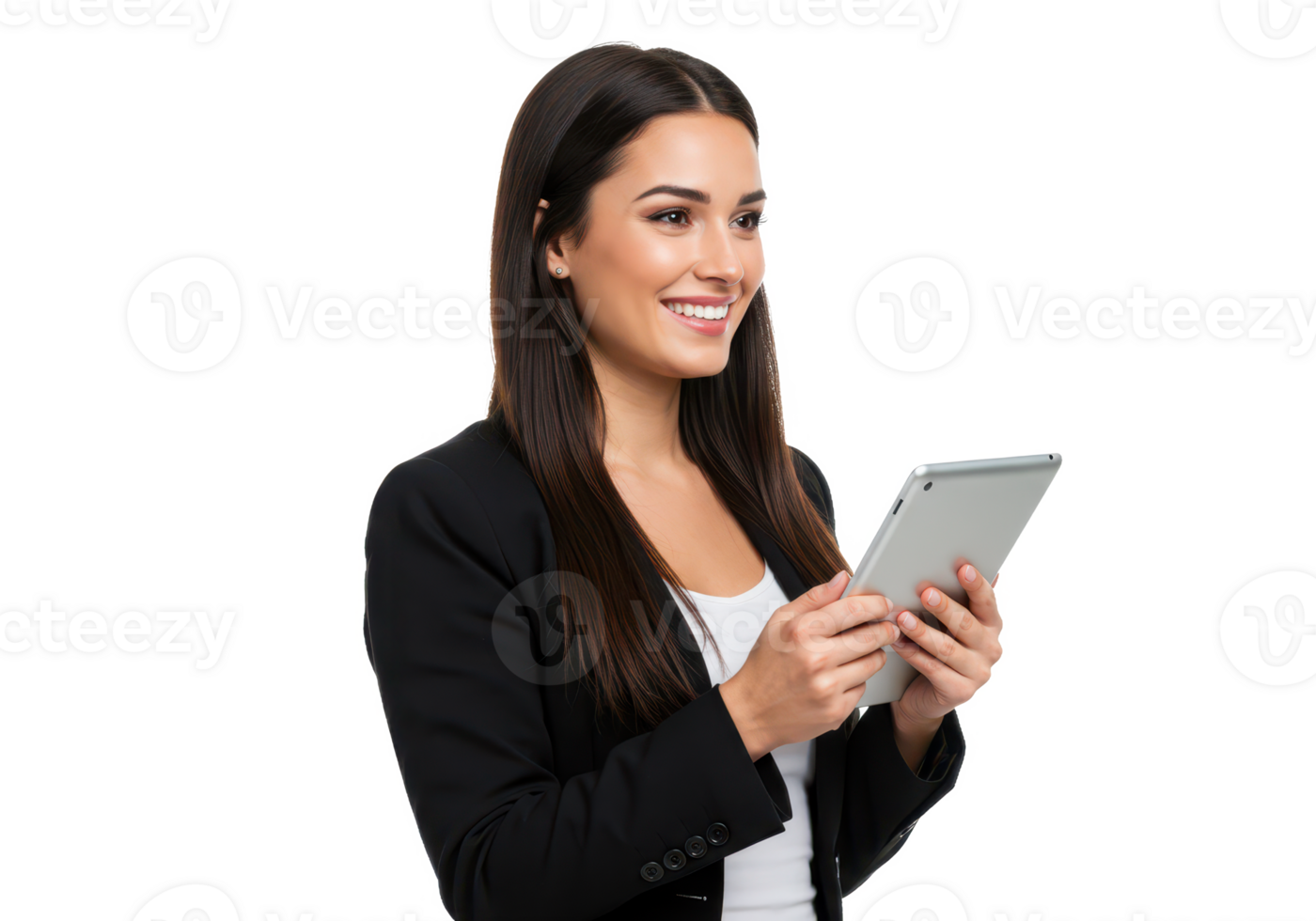 A cheerful woman with long dark hair, wearing a black blazer and white shirt, holding a tablet and smiling isolated on transparent background png