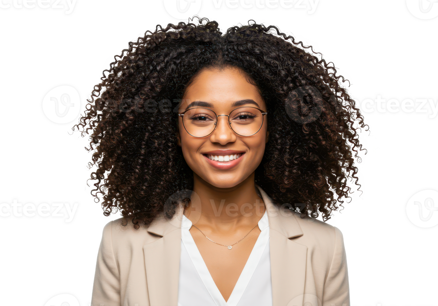 A confident woman with curly hair, wearing glasses, a beige blazer, and a white blouse, smiling warmly isolated on transparent background png