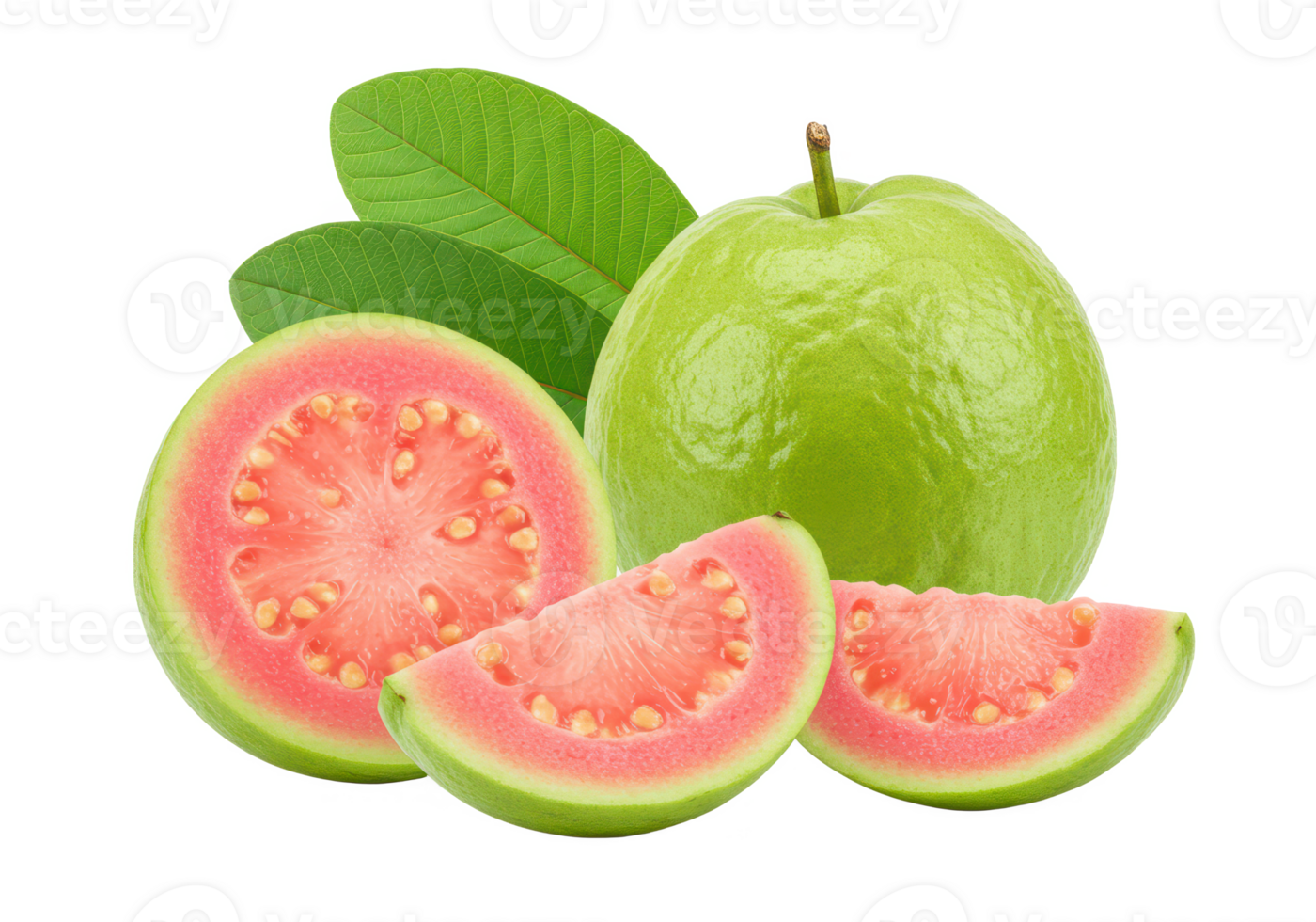 A close-up view of a fresh green guava with leaves, accompanied by a sliced guava revealing its pink flesh and seeds isolated on transparent background png
