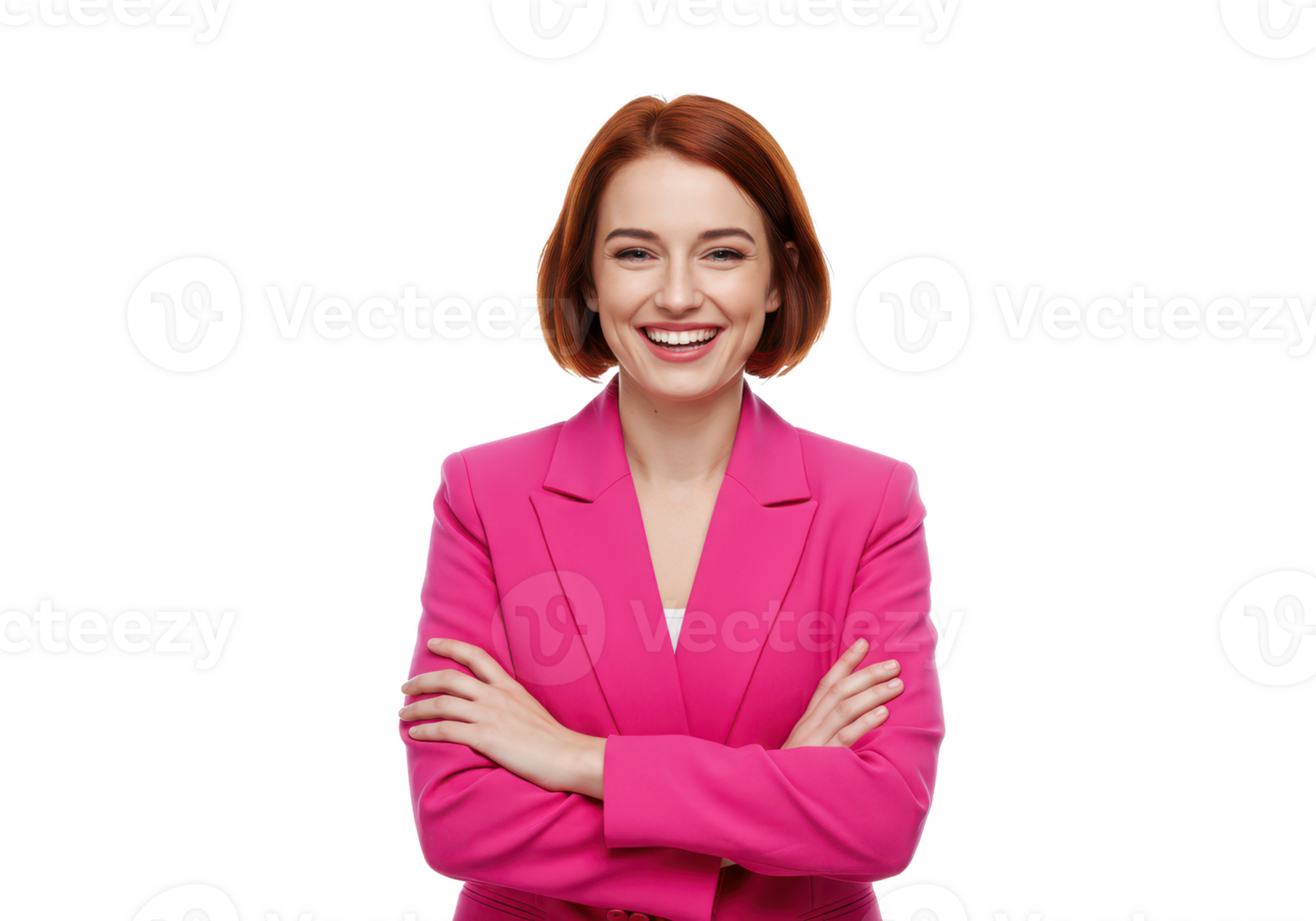 A cheerful woman wearing a pink blazer, with arms crossed, smiling confidently isolated on transparent background png