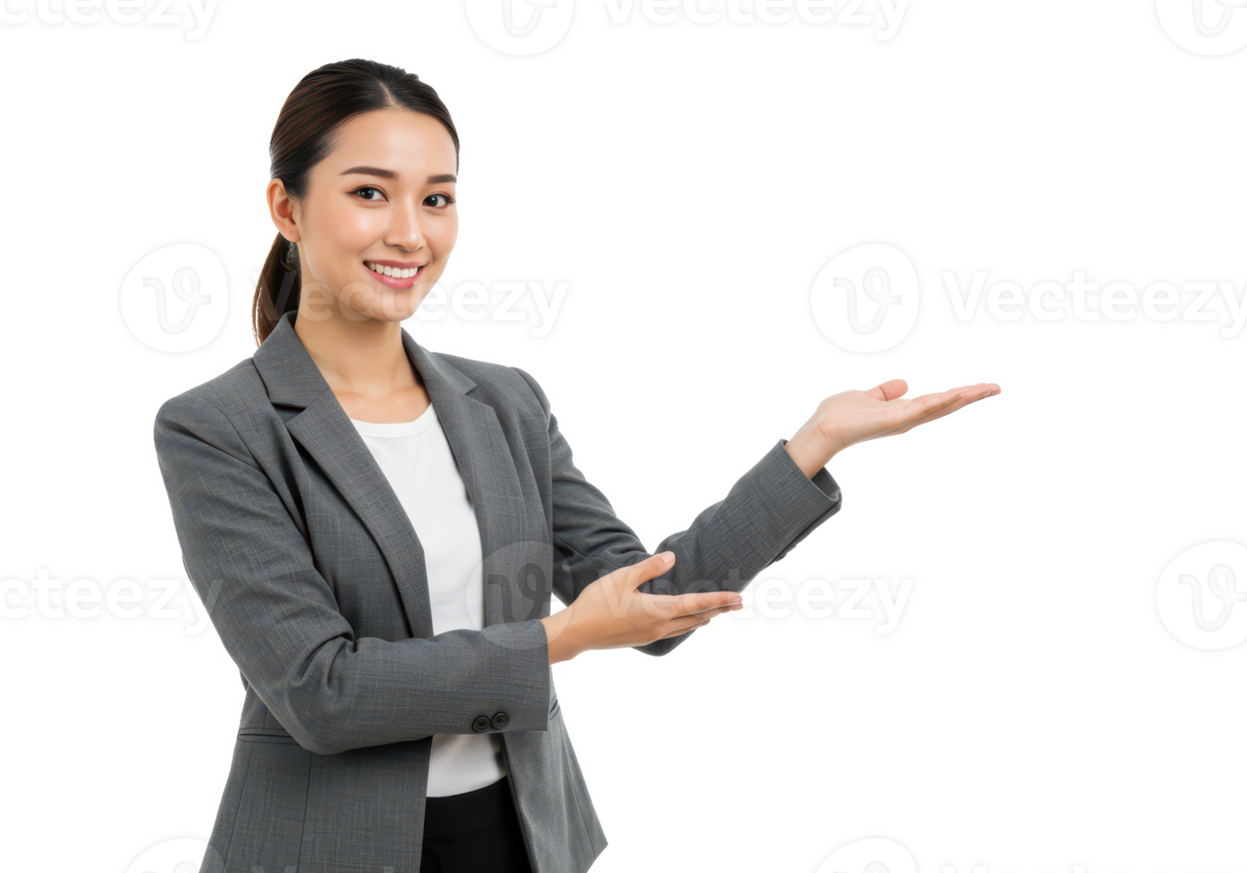 A professional woman wearing a gray blazer and white shirt, standing with one arm extended outward isolated on transparent background png