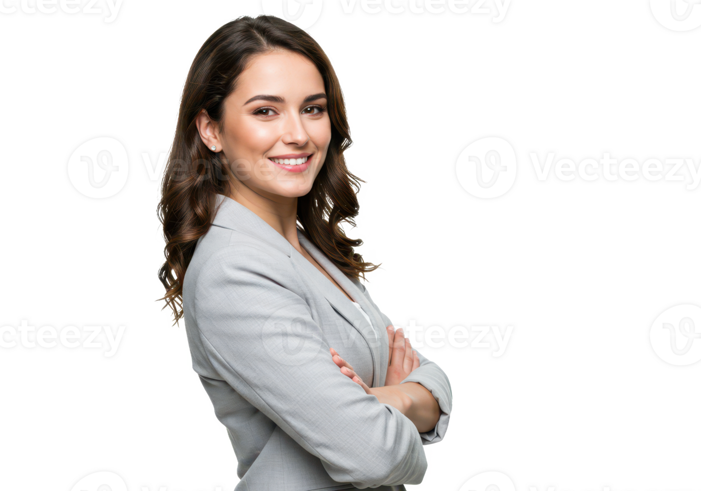 A professional woman in a light gray blazer, standing sideways and slightly turned to face the camera, arms crossed, smiling confidently isolated on transparent background png