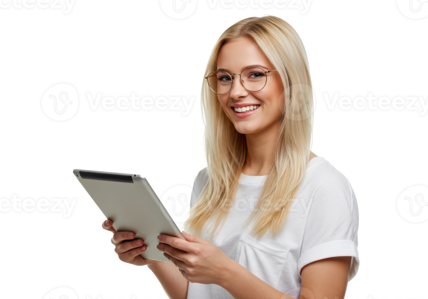 A young woman with blonde hair and glasses, wearing a white shirt, holding a tablet and smiling isolated on transparent background png